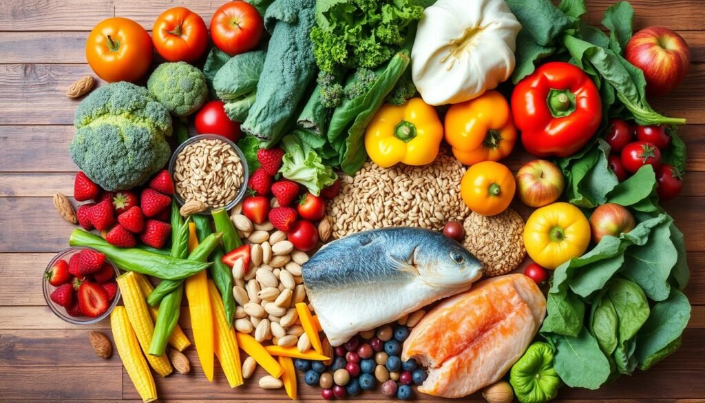 Colorful array of whole foods including vegetables, fruits, nuts and whole grains with top health tips label Colorful array of whole foods including vegetables, fruits, nuts and whole grains with top health tips label