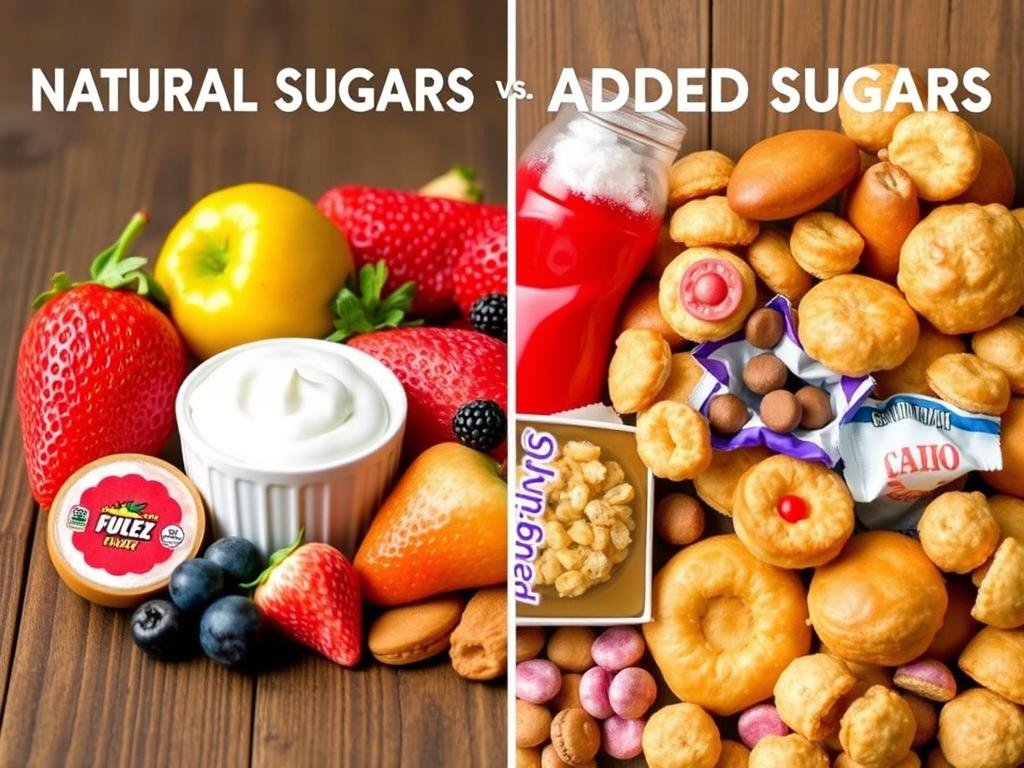 Comparison of natural versus added sugar foods with top health tips label Comparison of natural versus added sugar foods with top health tips label