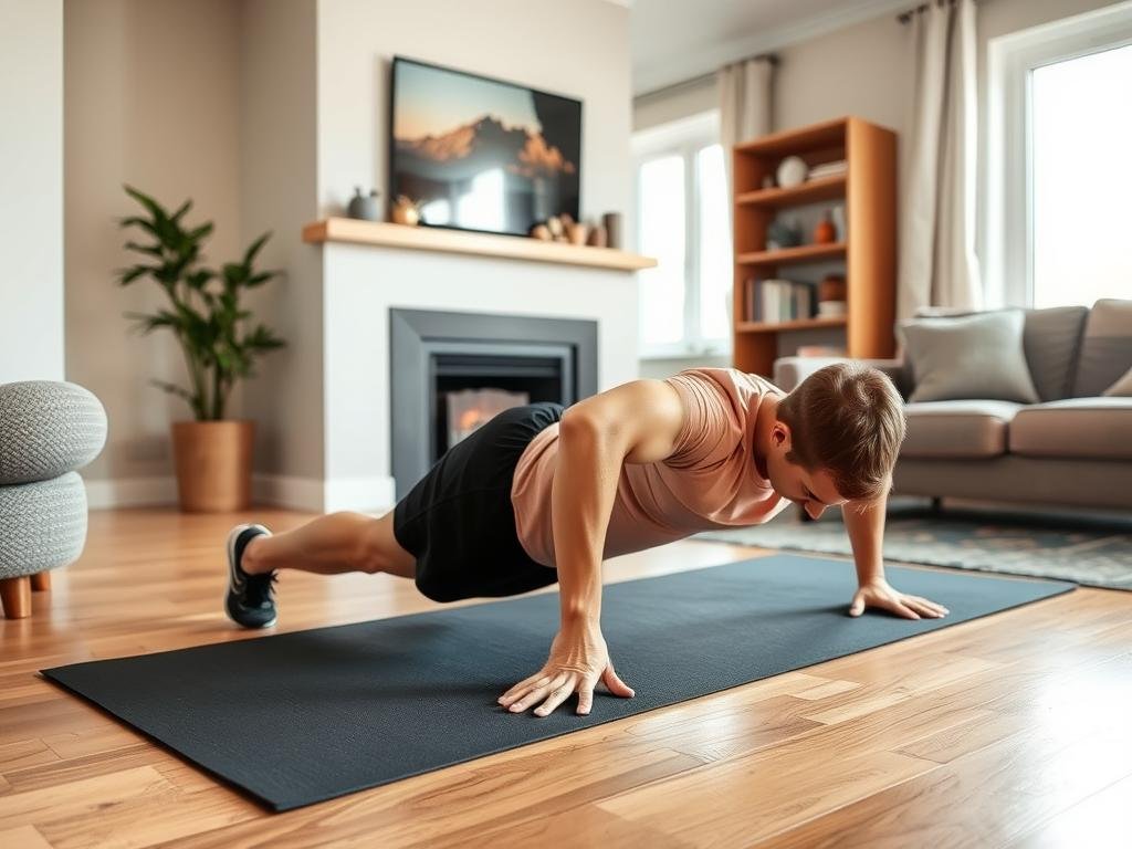 Person doing bodyweight strength exercises at home following top health tips Person doing bodyweight strength exercises at home following top health tips