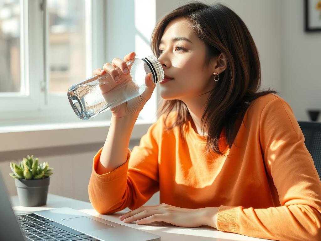 Person drinking water from a reusable bottle with top health tips reminder Person drinking water from a reusable bottle with top health tips reminder