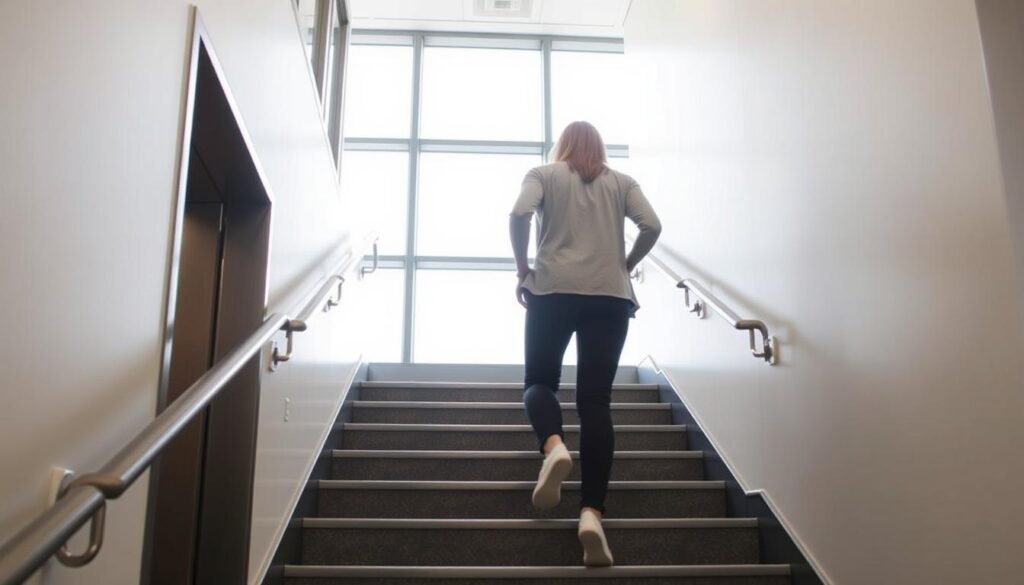 Person taking stairs instead of elevator as part of daily movement and top health tips Person taking stairs instead of elevator as part of daily movement and top health tips