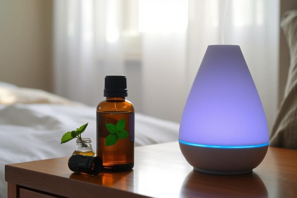 Bottle of peppermint essential oil next to a diffuser with morning sunlight Bottle of peppermint essential oil next to a diffuser with morning sunlight