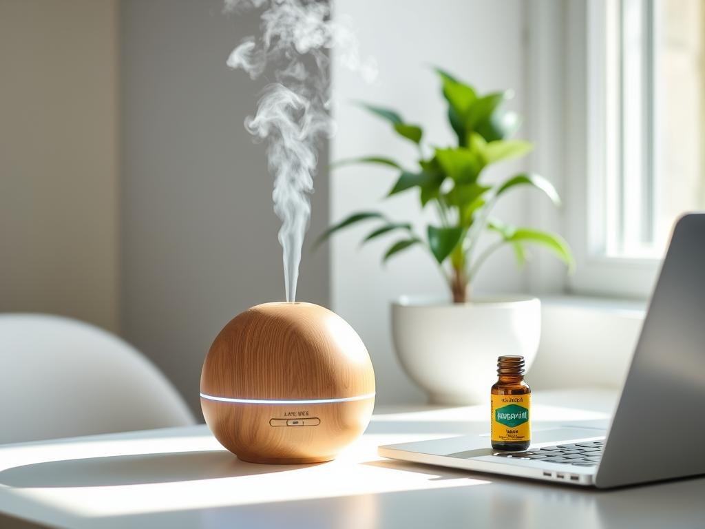 Essential oil diffuser releasing peppermint oil mist in a home office Essential oil diffuser releasing peppermint oil mist in a home office