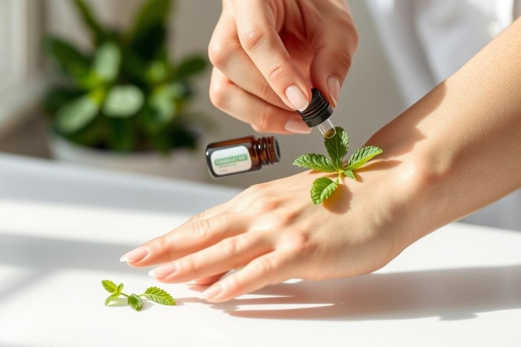 Person applying diluted peppermint oil to wrists and neck Person applying diluted peppermint oil to wrists and neck