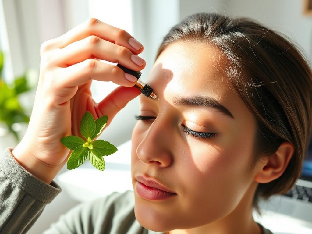 Person applying peppermint oil to temples for energy boost Person applying peppermint oil to temples for energy boost