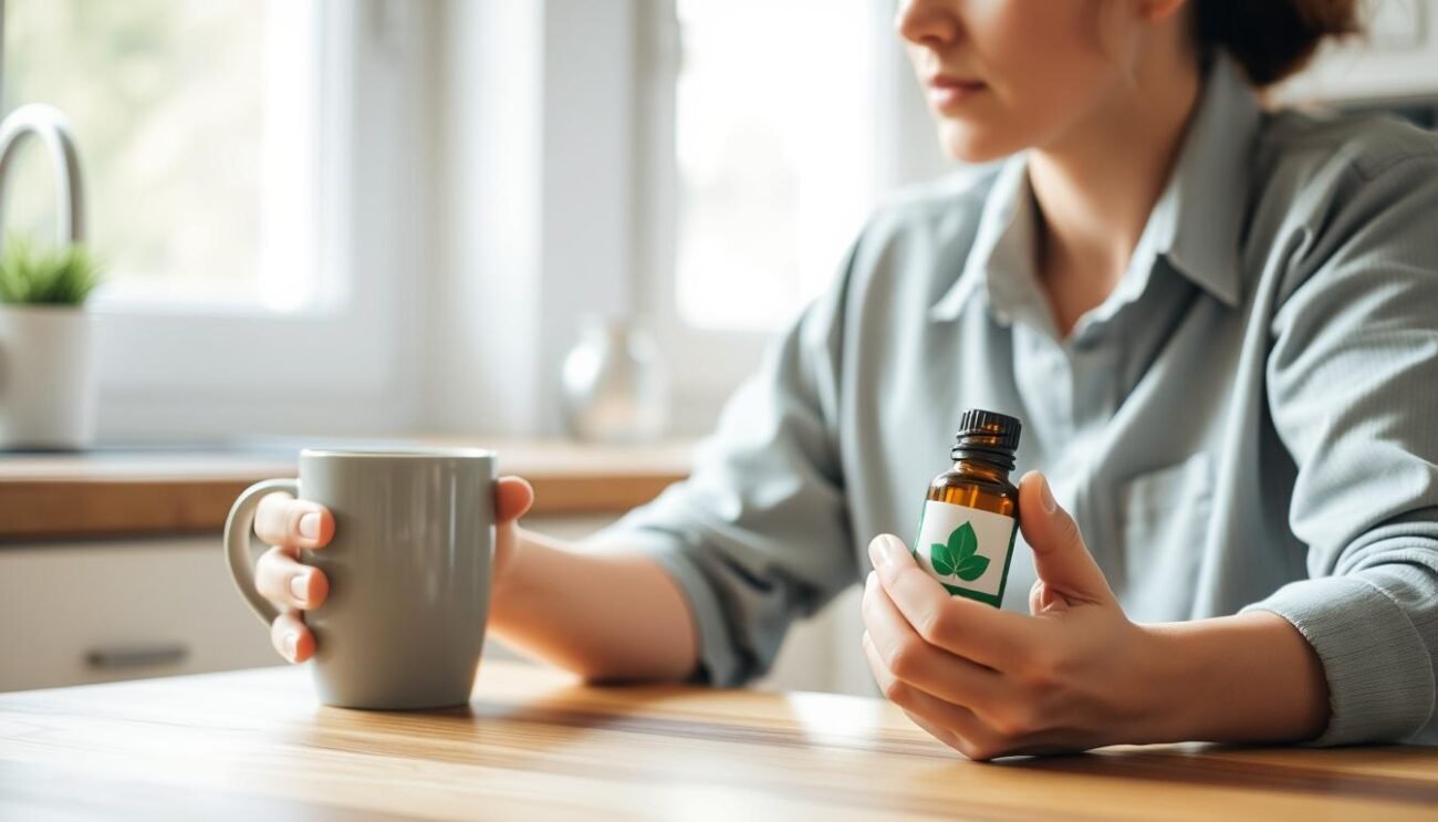 Person holding a cup of coffee in one hand and a bottle of peppermint oil in the other, looking thoughtfully at the peppermint oil