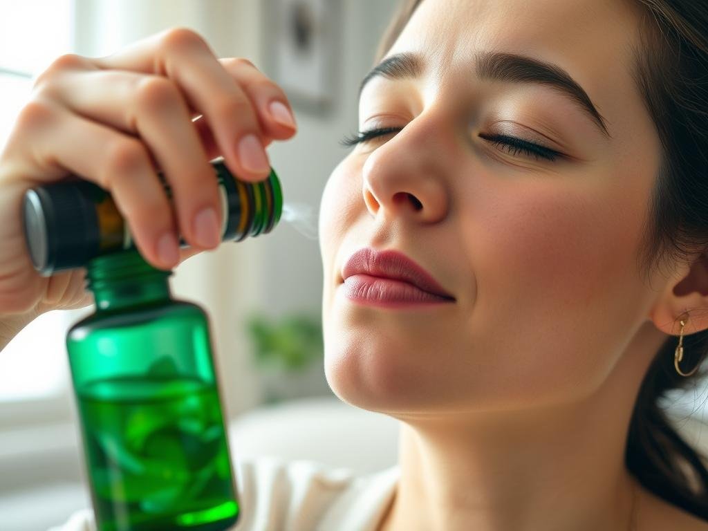 Person inhaling peppermint oil directly from bottle Person inhaling peppermint oil directly from bottle