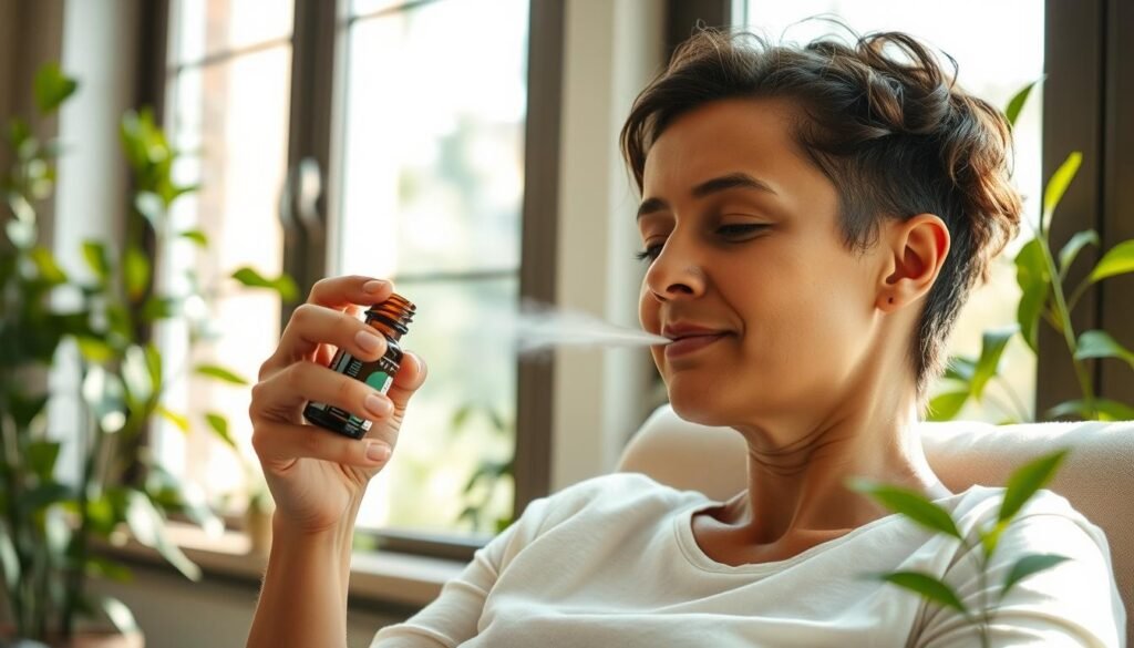Person looking relaxed while inhaling peppermint oil Person looking relaxed while inhaling peppermint oil