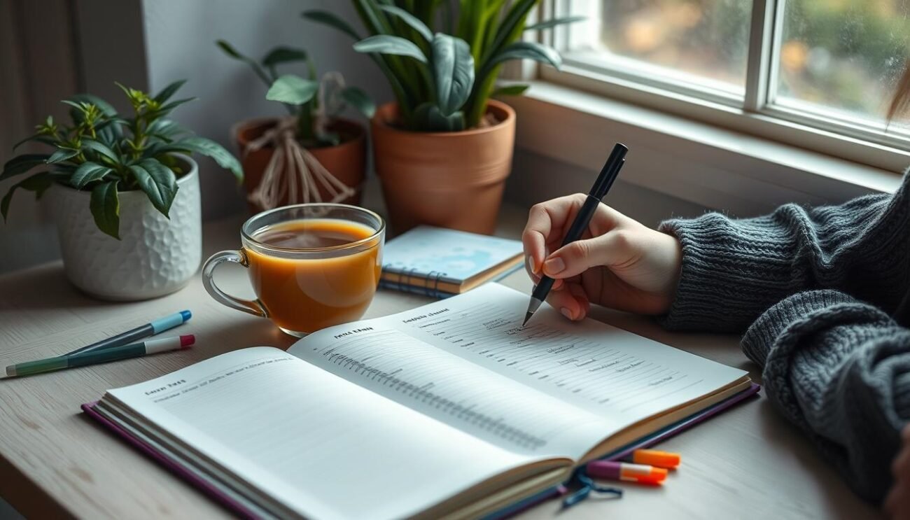 Person organizing wellness goals in a journal with a cup of tea