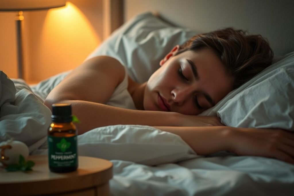 Person sleeping peacefully in bed with peppermint oil on nightstand Person sleeping peacefully in bed with peppermint oil on nightstand