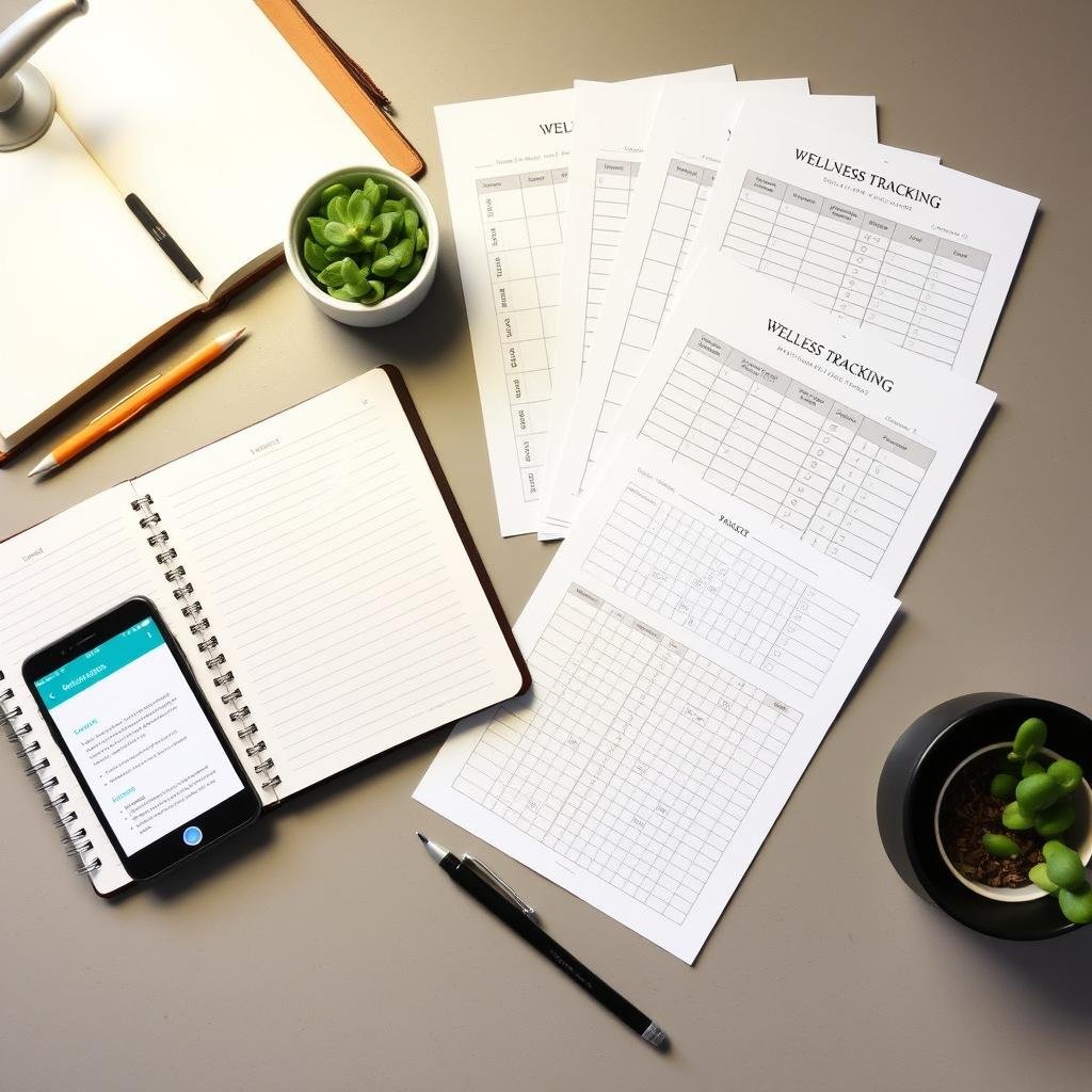 Person tracking wellness progress on paper and digital devices
