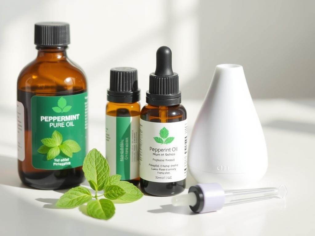 Various peppermint oil products and application methods displayed together Various peppermint oil products and application methods displayed together